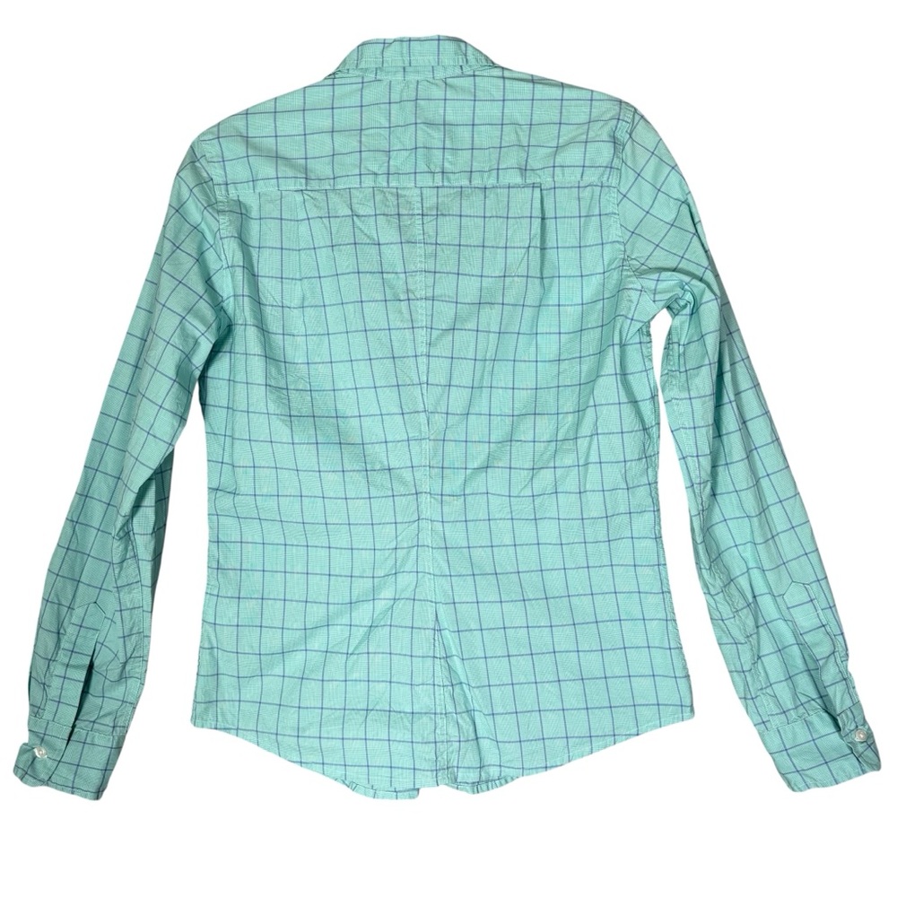 Frank & Eileen Barry Button Down Shirt Cyan Blue Plaid Crinkle Top 100% Cotton S - Picture 2 of 9